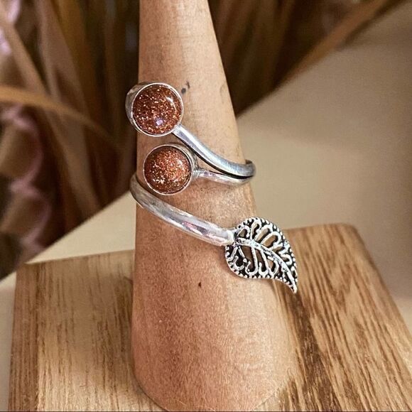 Sunstone Adjustable Sterling Silver Leaf Ring 6 - Picture 2 of 4